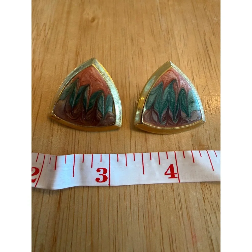 Vintage 80s Marbled Enamel Triangle Stud Earrings Gold Tone Pink Green Geometric